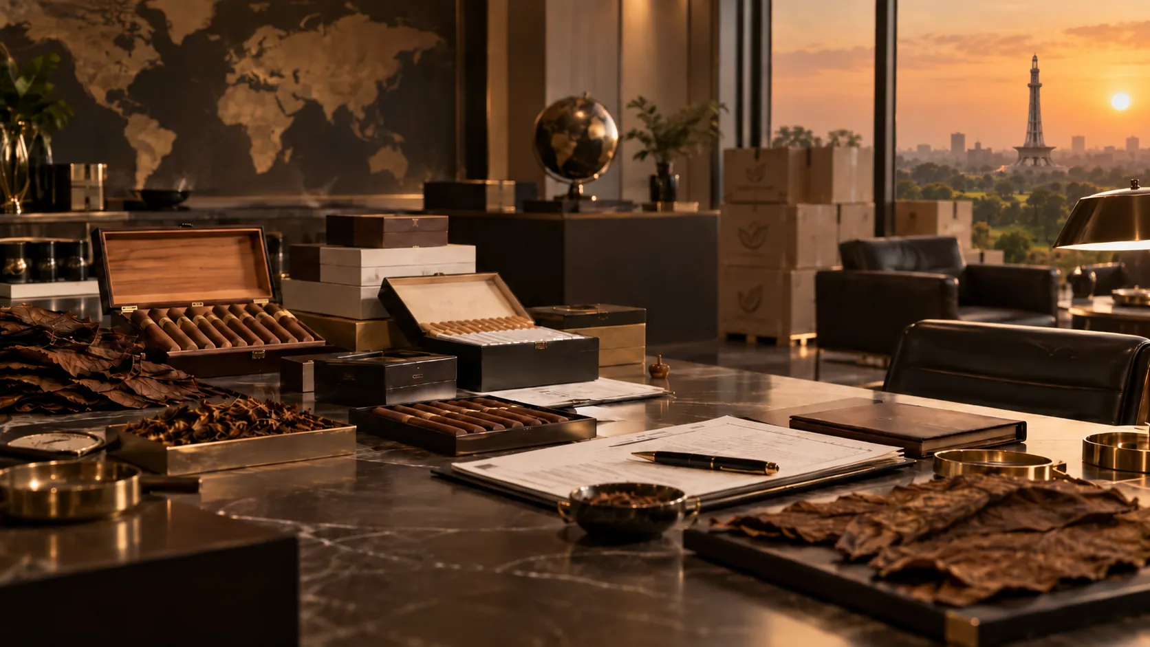 Executive tobacco trading desk with cured leaves, presentation boxes and a world map, the Minar-e-Pakistan at sunset through the window